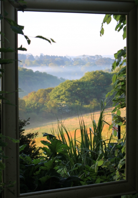 looking from a window onto a picturesque pastoral landscape of green and yellow rolling hills and a misty sky