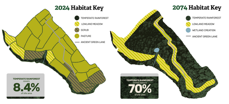 Two maps showing habitats of a woodland. The first is 2024, and the map mostly shows pasture with some woodland & scrub and lowland meadow. 2074 however shows mostly temperate rainforest habitat with some lowland meadow
