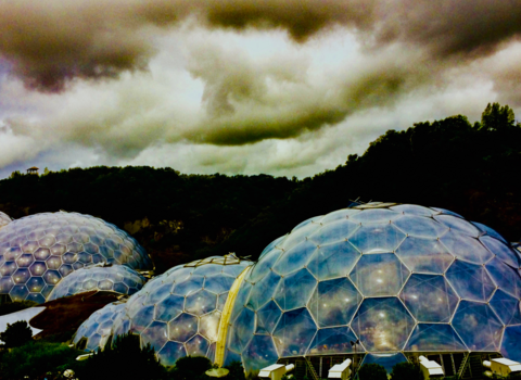 Moody photograph of the Eden Project glass biomes.