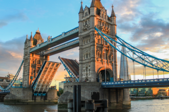 A photo of Tower Bridge at dusk,