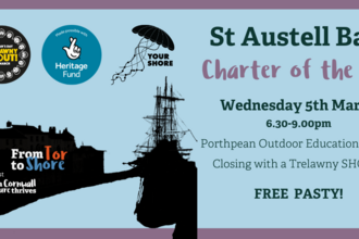 A poster for a St Austell Bay Charter of Sea Community Workshop. Text and imagery of a boat in black on a blue background with a purple border