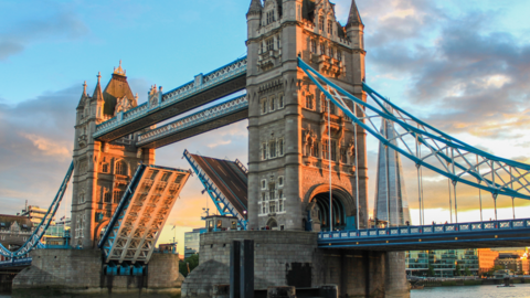 A photo of Tower Bridge at dusk,