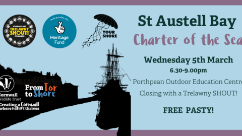 A poster for a St Austell Bay Charter of Sea Community Workshop. Text and imagery of a boat in black on a blue background with a purple border