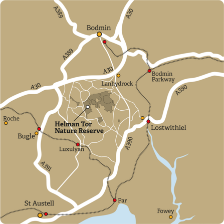 Map showing the location of Helman Tor nature reserve. Lou Jones Design