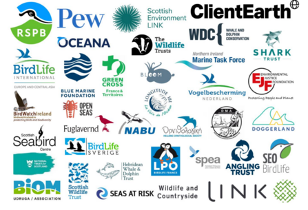Logos for RSPB, The Wildlife Trusts, Pew Charitable Trusts UK, ClientEarth, Blue Marine  Foundation, Scottish Environment LINK, Wildlife and Countryside Link, Marine Conservation  Society UK, Whale and Dolphin Conservation UK, The Shark Trust, BirdLife International,  Oceana UK, Scottish Wildlife Trust, Scottish Seabird Centre, Environmental Justice  Foundation UK, Northern Ireland Marine Task Force, Open Sea, National Trust for Scotland,  and Seas at Risk, Whale and Dolphin Conservation Germany, B