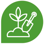Green icon with a plant growing from it and a shovel