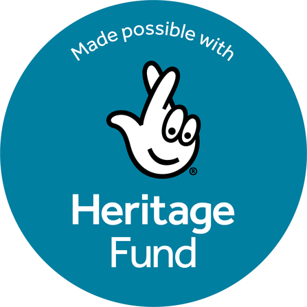 The National Lottery Heritage Fund teal logo - text reads 'Made possible with Heritage Fund' with a crossed fingers smiling logo