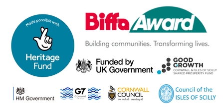 Logos for Heritage Fund, Biffa Award, and SPF (Funded by UK Government, Cornwall Council and Isles of Scilly Council) and Good Growth