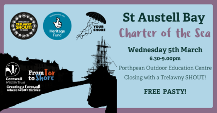 A poster for a St Austell Bay Charter of Sea Community Workshop. Text and imagery of a boat in black on a blue background with a purple border