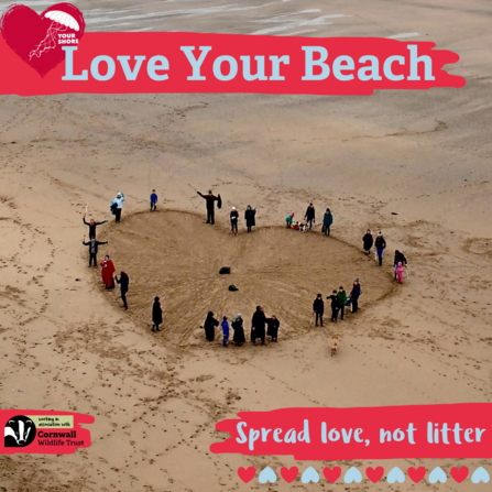 People on a beach arranged in a heart, with text reading Love Your Beach Spread love, not litter